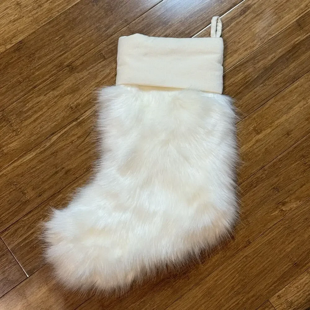 Pottery Barn Faux Fur Fox Ivory Velvet Christmas Stocking Embroidered Courtney - Picture 3 of 9